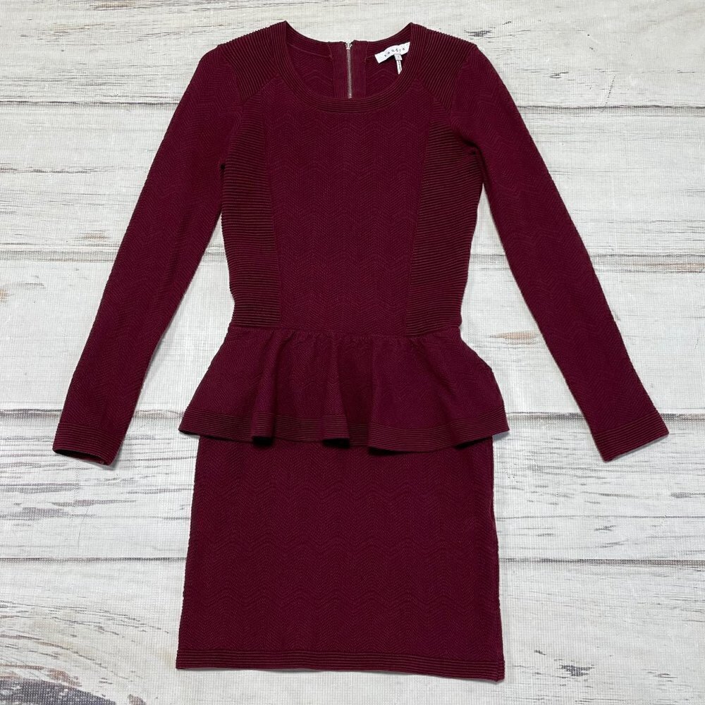 Sandro Paris Dress Peplum Knit Burgundy Red Chevron Long Sleeves Size 2 4 - Picture 3 of 15